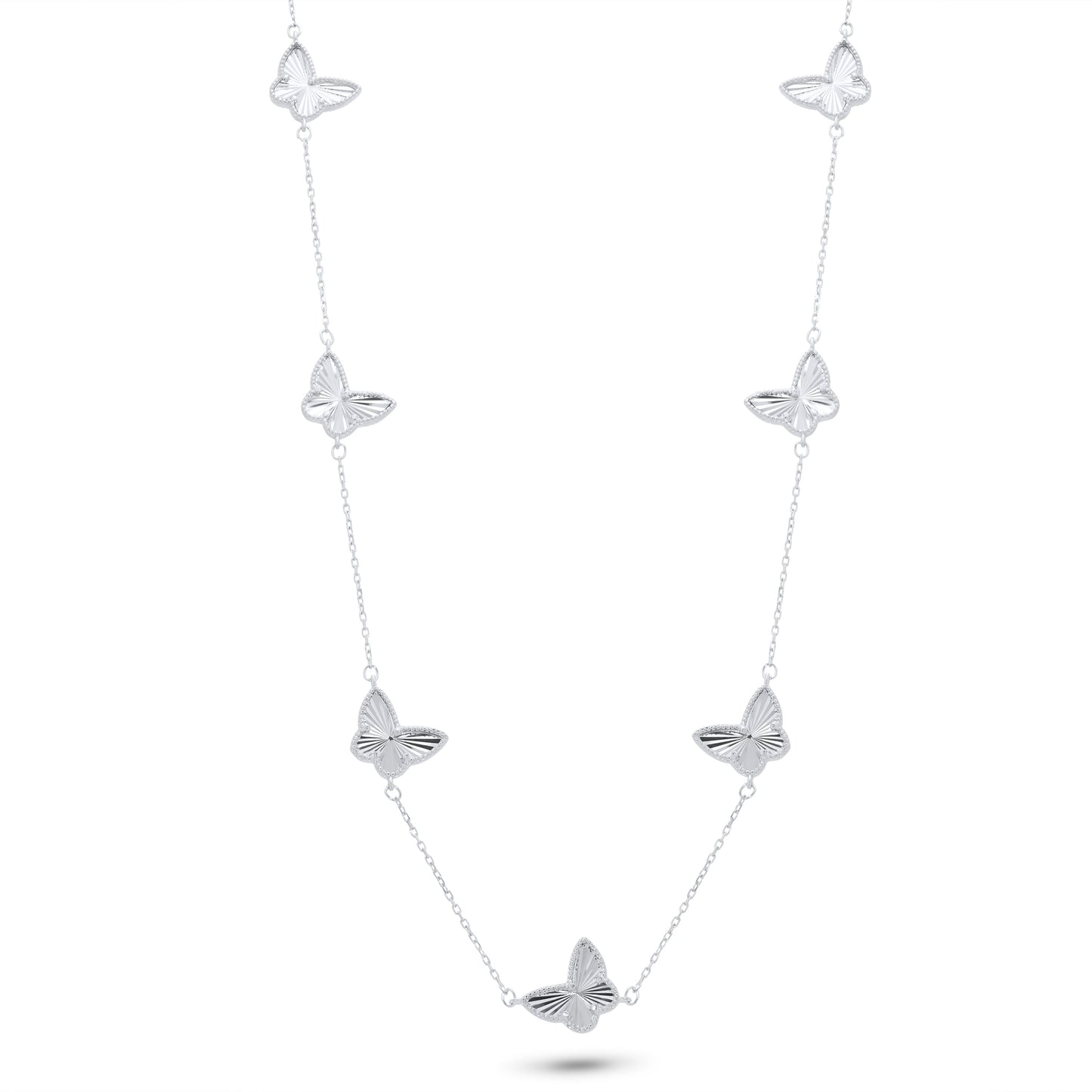 Rhodium Plated 925 Sterling Silver Diamond Cut Multiple Butterfly Charm 12mm x 9.5mm Adjustable Necklace - PXN00001