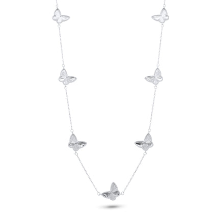 Rhodium Plated 925 Sterling Silver Diamond Cut Multiple Butterfly Charm 12mm x 9.5mm Adjustable Necklace - PXN00001