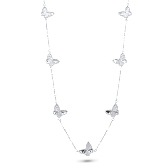 Rhodium Plated 925 Sterling Silver Diamond Cut Multiple Butterfly Charm 12mm x 9.5mm Adjustable Necklace - PXN00001