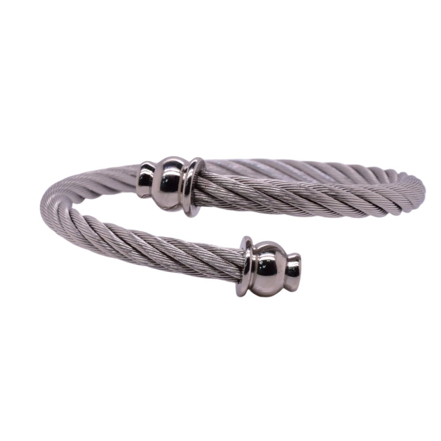 Stainless Steel Silver Ball Flat Top Ending Cable 5mm Bangle - SBB00013