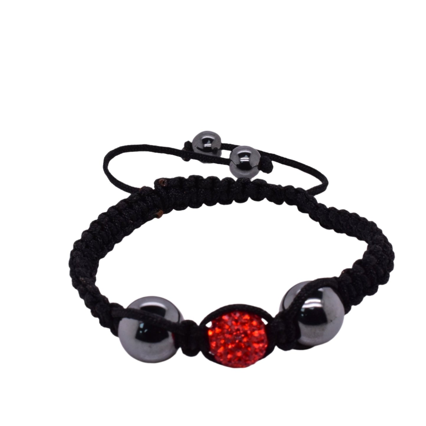 Stainless Steel Red Crystal and Hematite Shamballa Corded Bracelet - SBB00043