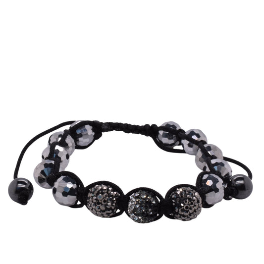 Stainless Steel Black Crystal and Hematite Beads Shamballa Cord Bracelet - SBB00047