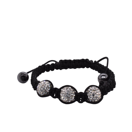 Stainless Steel Three Clear Crystal and Hematite Beads Shamballa Cord Bracelet - SBB00050