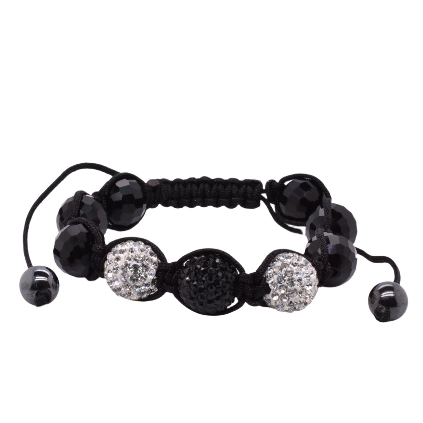 Stainless Steel Two Clear Crystal and Hematite Beads Shamballa Cord Bracelet - SBB00055