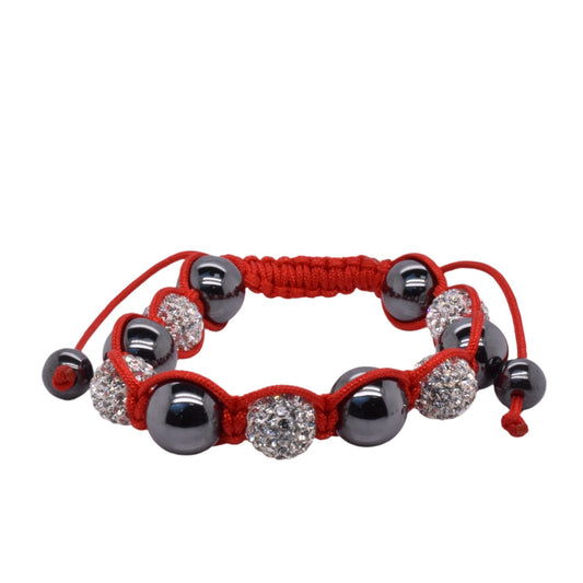 Stainless Steel Alternating Clear Crystal and Hematite Beads Shamballa Red Cord Bracelet - SBB00059