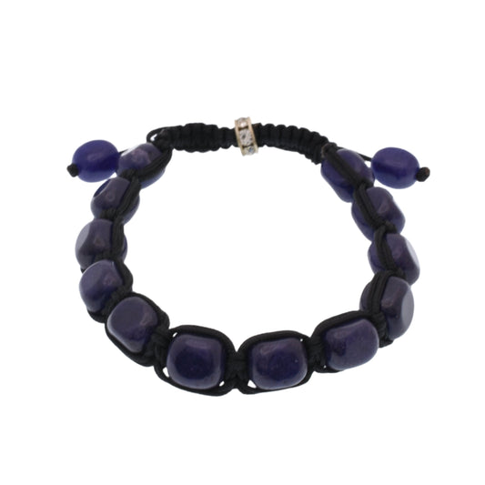 Stainless Steel Lapis Bead & CZ  Accent Ring Cord Bracelet - SBB00067