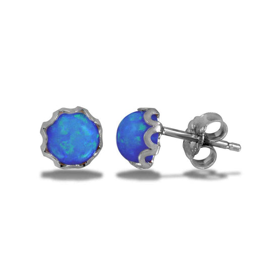 Rhodium Plated 925 Sterling Silver Round Blue Synthetic Opal Stud Earring - SCE00001-BLU