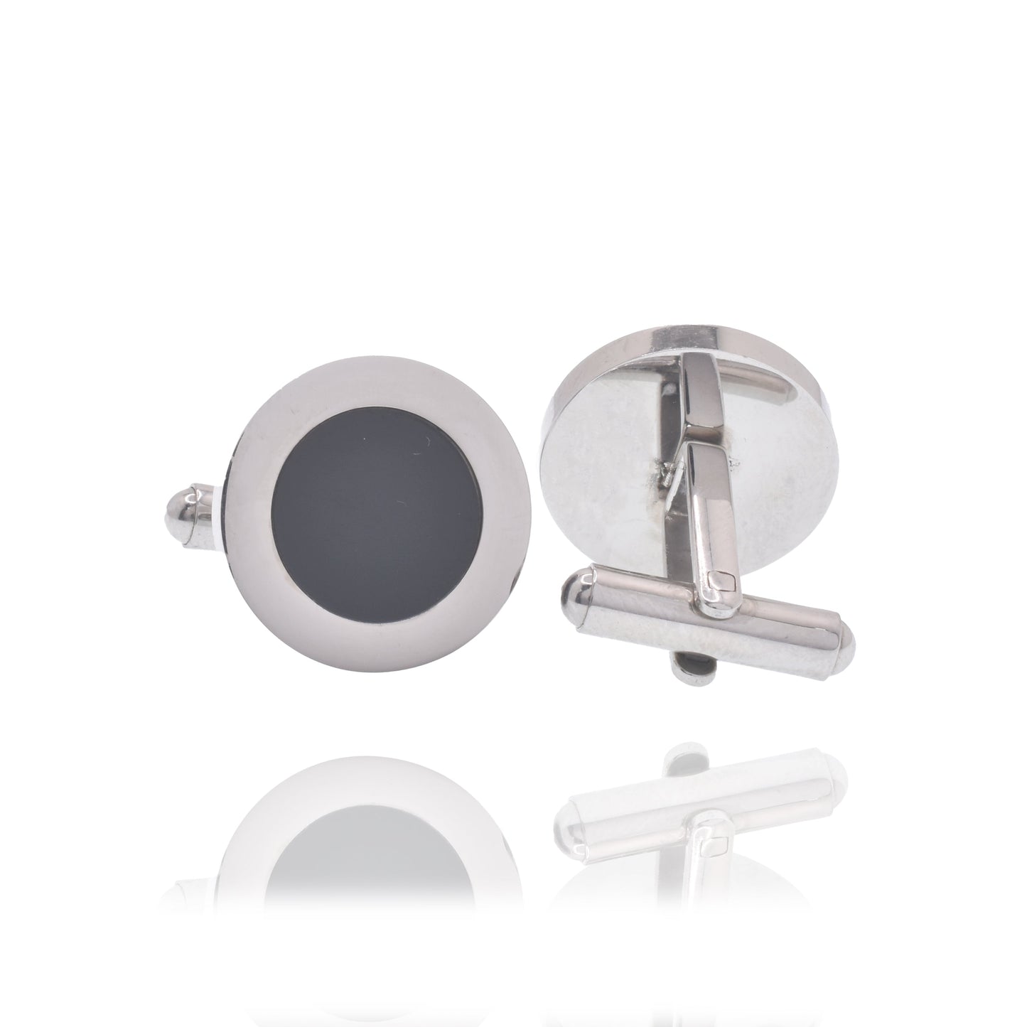 Rhodium Plated Stainless Steel Round Black Enamel 18mm Bullet Back Cufflink - SCU00001