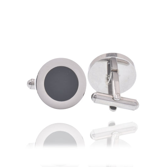 Rhodium Plated Stainless Steel Round Black Enamel 18mm Bullet Back Cufflink - SCU00001
