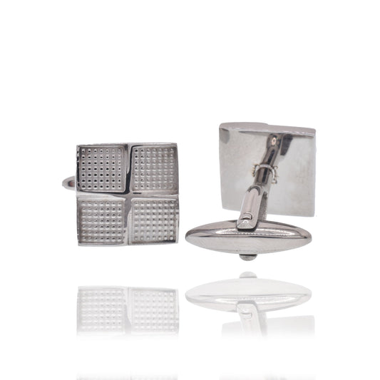 Rhodium Plated Stainless Steel Dotted Square 16mm Bullet Back Cufflink - SCU00003