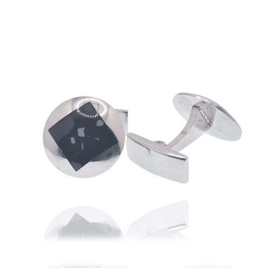 Rhodium Plated Stainless Steel Round Black Square Enamel 18mm Whale Back Cufflink - SCU00006