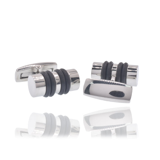 Rhodium Plated Stainless Steel Round Bar Rubber Inserts 18mm x 9mm Whale Back Cufflink - SCU00007