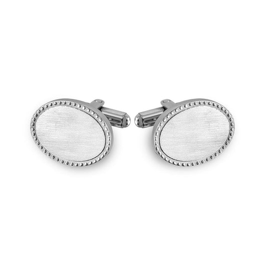 Rhodium Plated Stainless Steel Beaded Oval 15.5mm x 20mm Bullet Back Cufflink - SCU000011