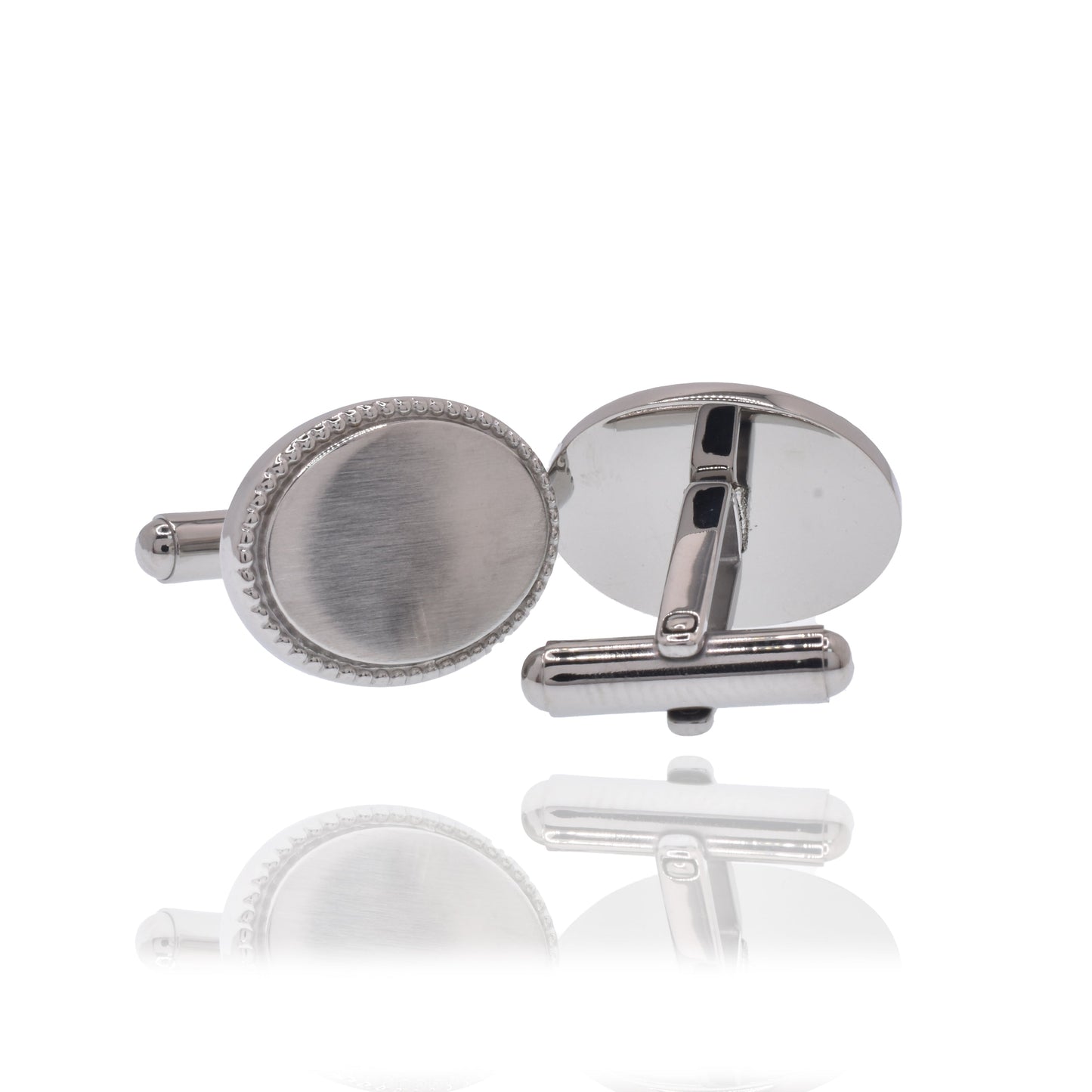 Rhodium Plated Stainless Steel Beaded Oval 15mm x 20mm Bullet Back Cufflink - SCU000017