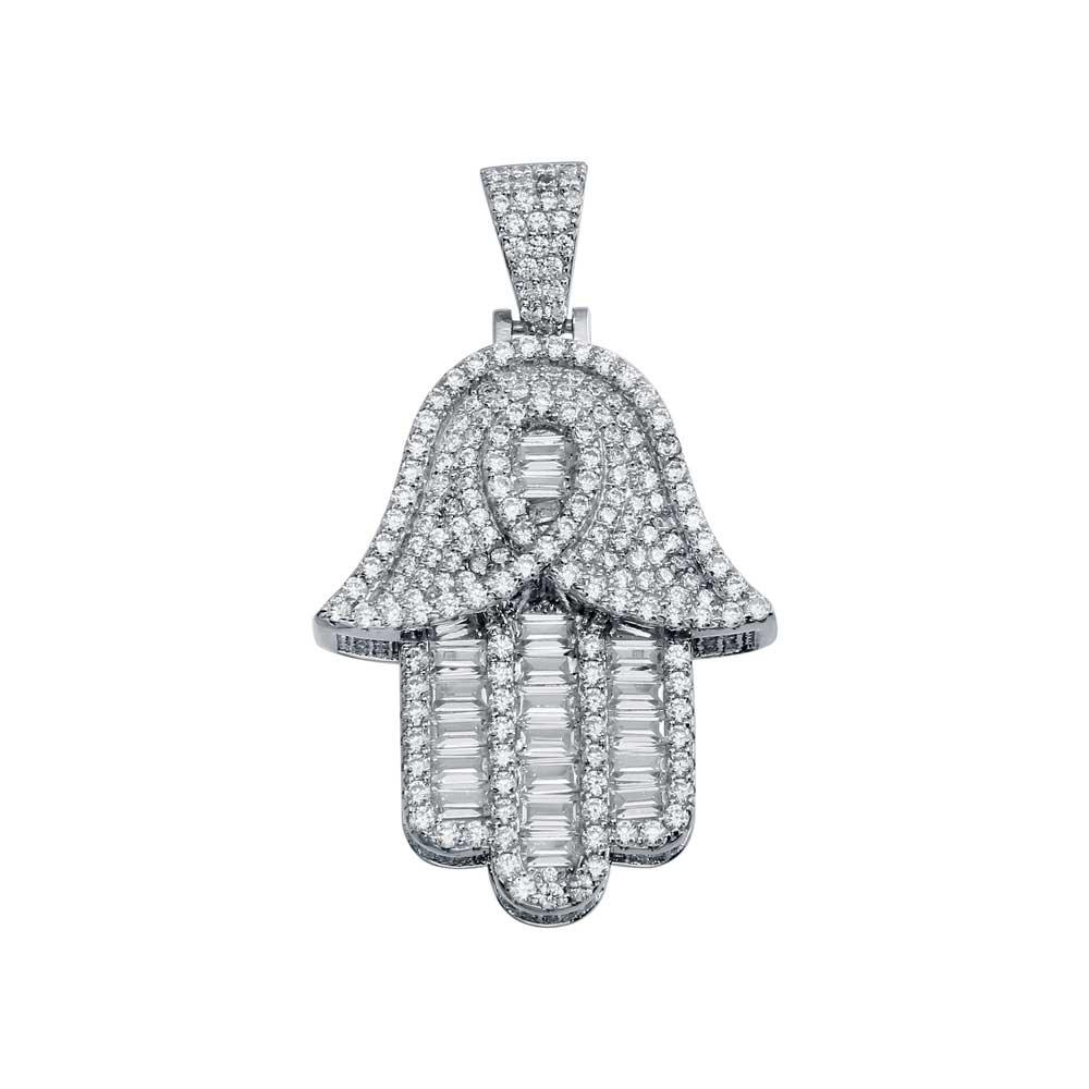 Rhodium Plated 925 Sterling Silver CZ Hamsa Hip Hop Pendant - SLP00005 | Silver Palace Inc.