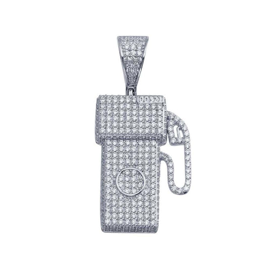 Rhodium Plated 925 Sterling Silver CZ Gas Pump Hip Hop Pendant - SLP00006 | Silver Palace Inc.