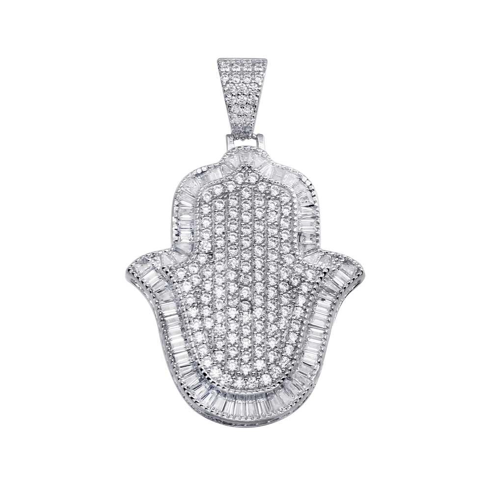 Rhodium Plated 925 Sterling Silver Hamsa Hand Hip Hop Pendant - SLP00014 | Silver Palace Inc.