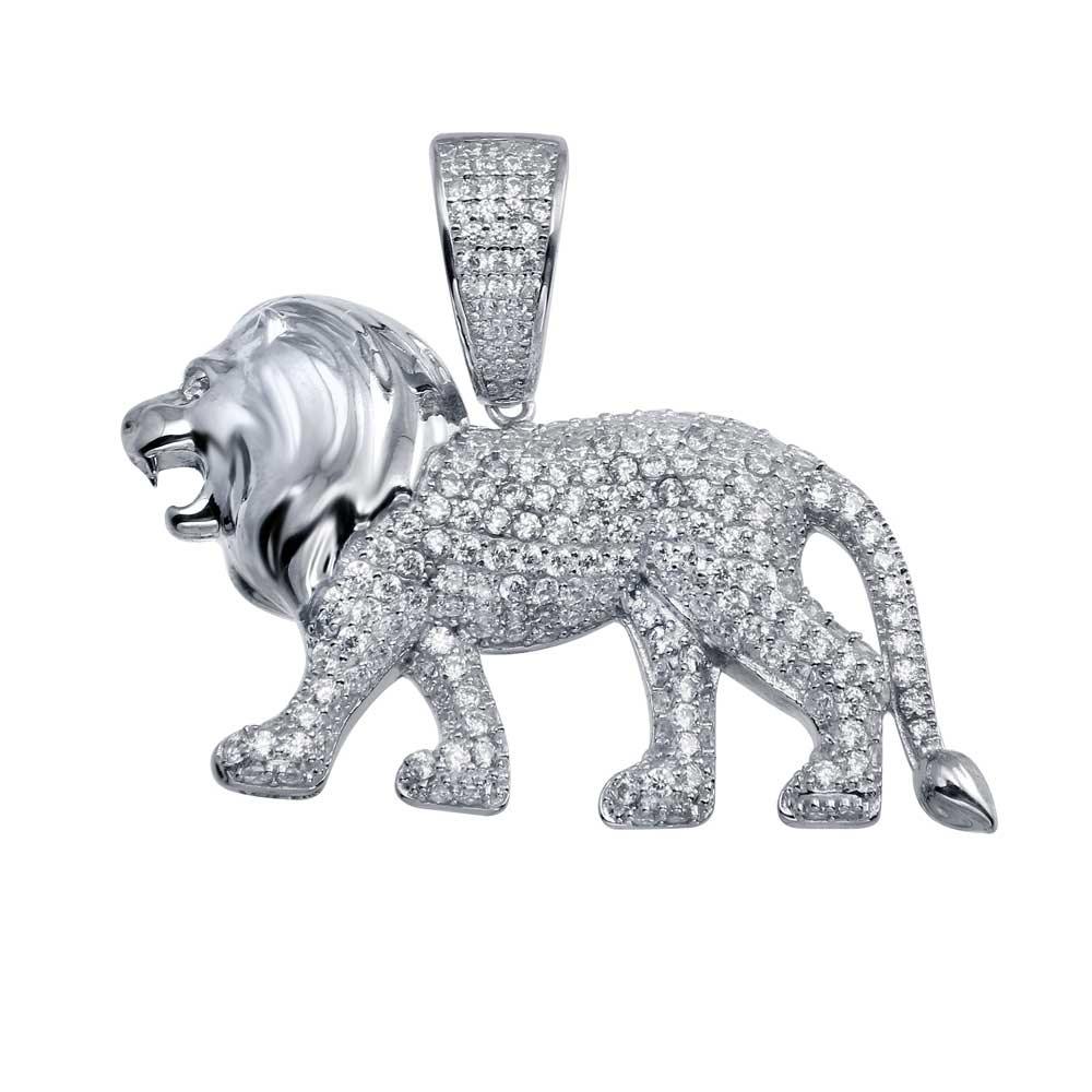 Rhodium Plated 925 Sterling Silver Lion Hip Hop Pendant - SLP00016 | Silver Palace Inc.