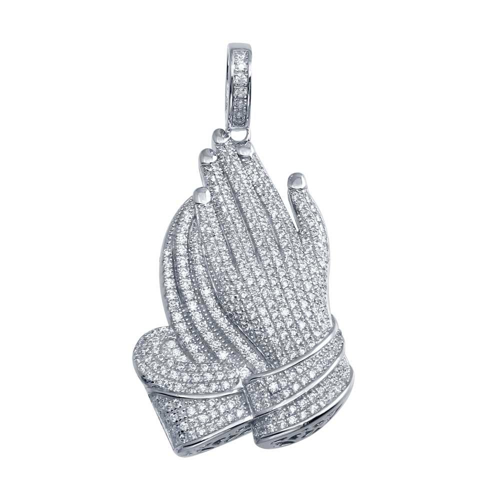 Rhodium Plated 925 Sterling Silver Praying Hands Hip Hop Pendant - SLP00018 | Silver Palace Inc.