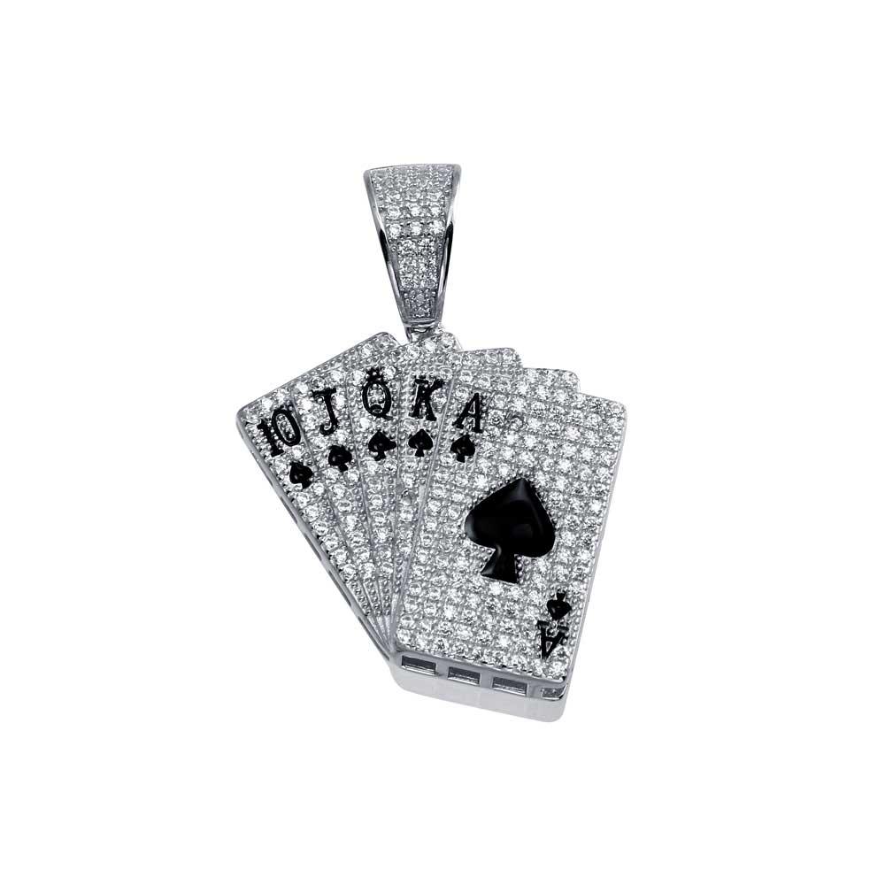 Rhodium Plated 925 Sterling Silver CZ Royal Flush Hip Hop Pendant - SLP00023 | Silver Palace Inc.