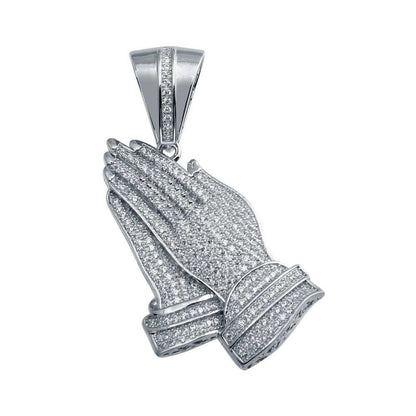Rhodium Plated 925 Sterling Silver CZ Praying Hands Hip Hop Pendant - SLP00027 | Silver Palace Inc.