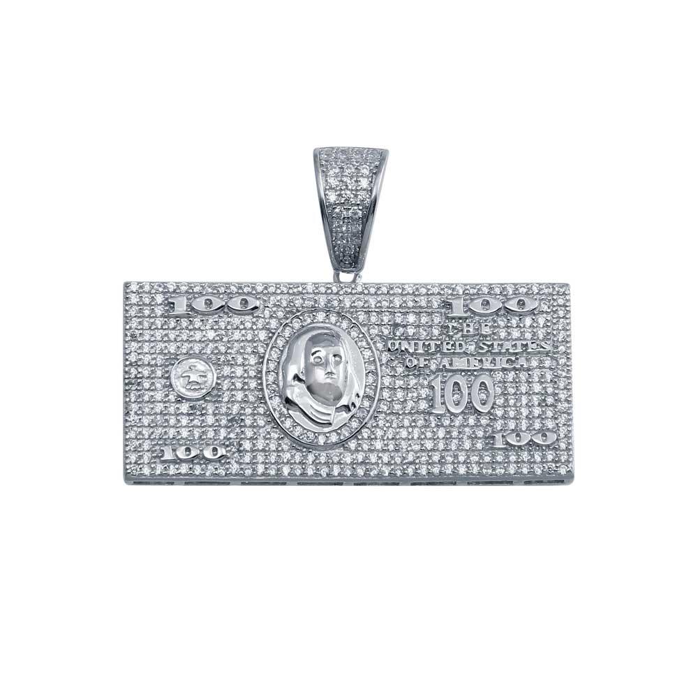 Rhodium Plated 925 Sterling Silver CZ Hundred Dollar Bill Hip Hop Pendant - SLP00028 | Silver Palace Inc.