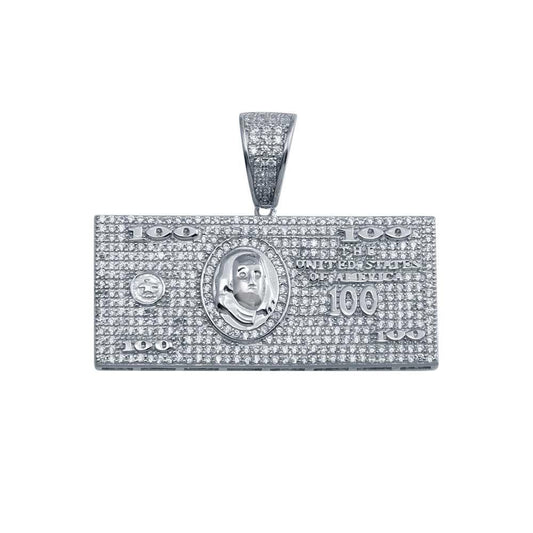 Rhodium Plated 925 Sterling Silver CZ Hundred Dollar Bill Hip Hop Pendant - SLP00028 | Silver Palace Inc.