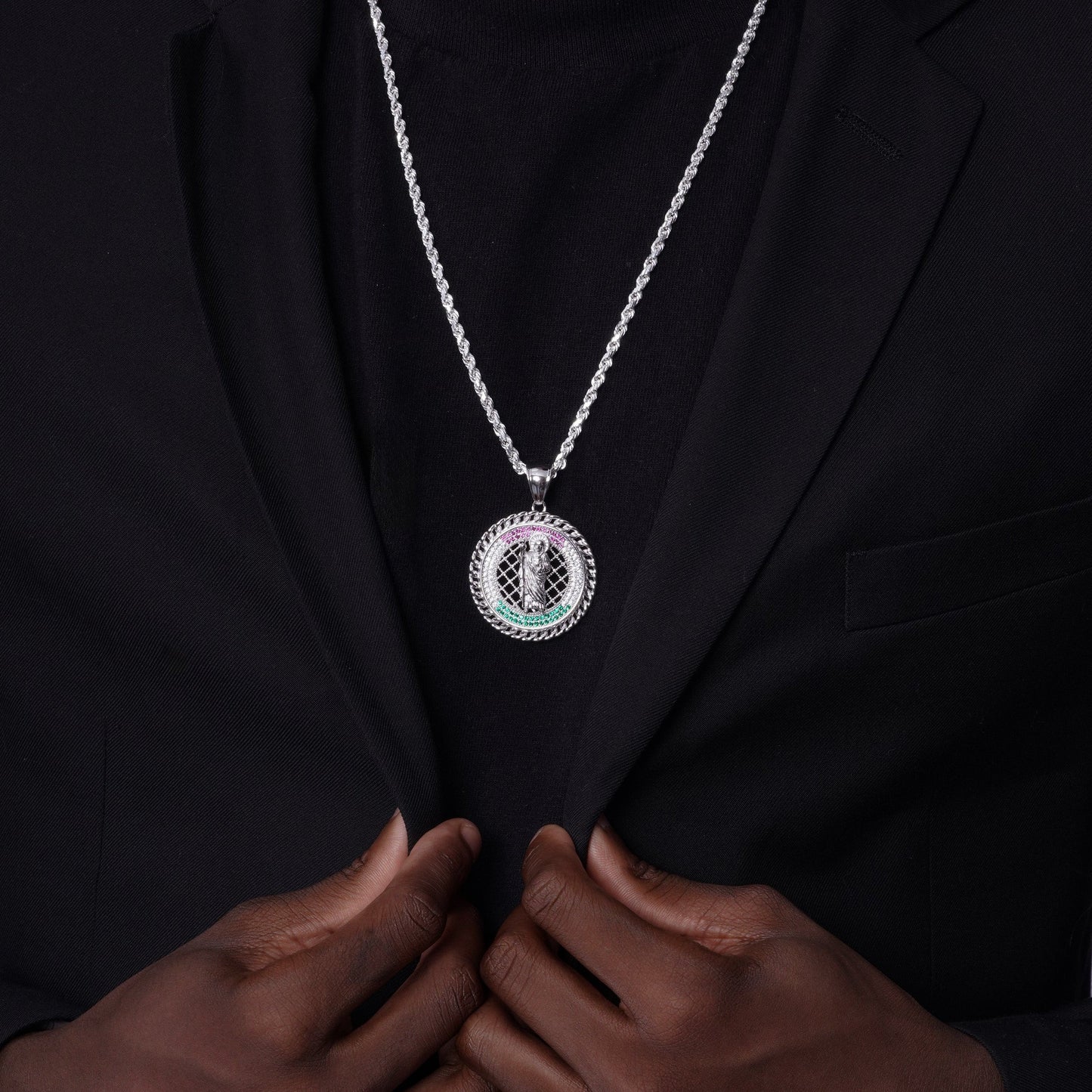 Rhodium Plated 925 Sterling Silver Saint Jude Clear Green and Red CZ 35mm Pendant - SLP00358