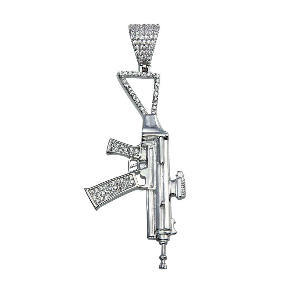 Rhodium Plated 925 Sterling Silver CZ Gun Hip Hop Pendant - SLP00046. | Silver Palace Inc.