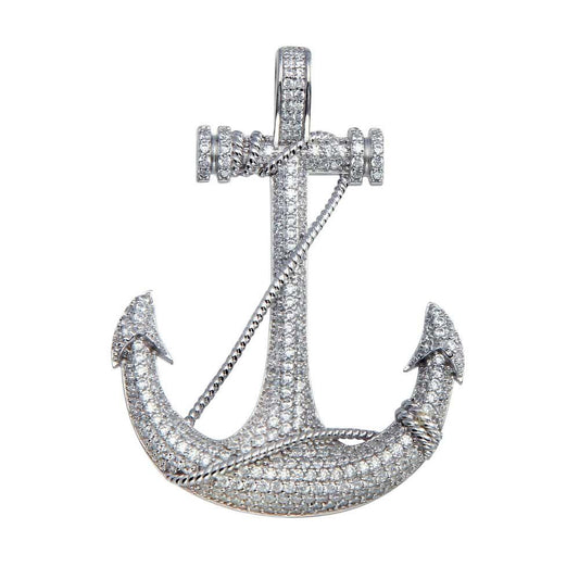 Rhodium Plated 925 Sterling Silver CZ Anchor Hip Hop Pendant - SLP00047. | Silver Palace Inc.