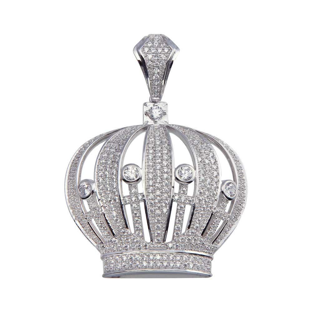 Rhodium Plated 925 Sterling Silver CZ Crown Hip Hop Pendant - SLP00060. | Silver Palace Inc.