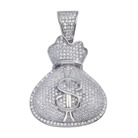 Rhodium Plated 925 Sterling Silver CZ Money Bag Hip Hop Pendant - SLP00066. | Silver Palace Inc.