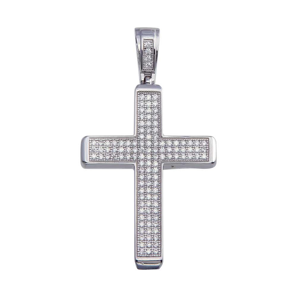 Rhodium Plated 925 Sterling Silver CZ Box Cross Hip Hop Pendant - SLP00077 | Silver Palace Inc.