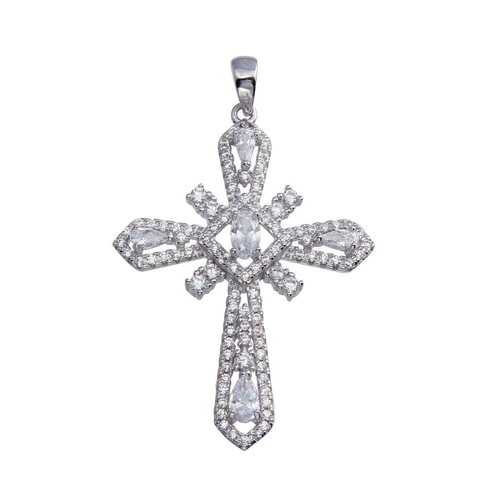 Rhodium Plated 925 Sterling Silver CZ Cross Hip Hop Pendant - SLP00078 | Silver Palace Inc.