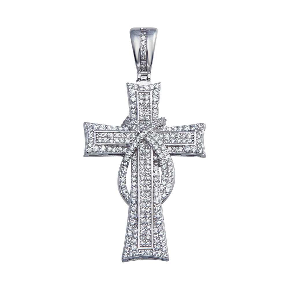 Rhodium Plated 925 Sterling Silver CZ Ribbon Cross Hip Hop Pendant - SLP00079 | Silver Palace Inc.