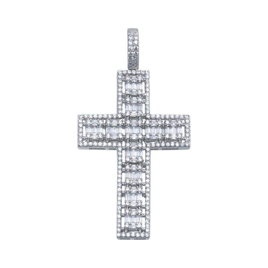 Rhodium Plated 925 Sterling Silver CZ Baguette Cross Hip Hop Pendant - SLP00080. | Silver Palace Inc.