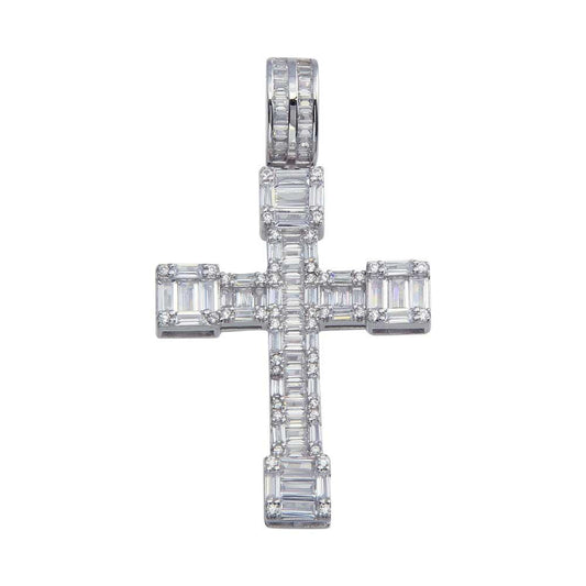 Rhodium Plated 925 Sterling Silver CZ Border Baguette Cross Hip Hop Pendant - SLP00081. | Silver Palace Inc.