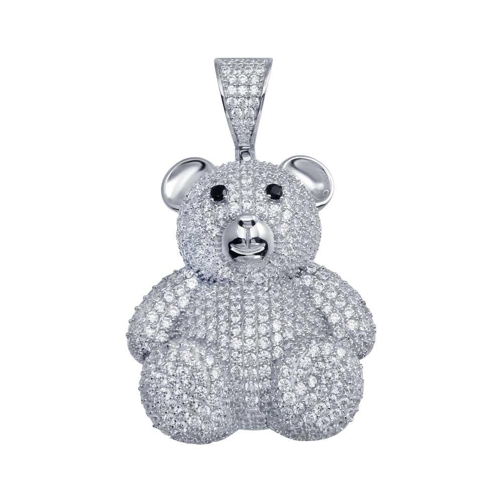 Rhodium Plated 925 Sterling Silver CZ Bear Hip Hop Pendant - SLP00083. | Silver Palace Inc.