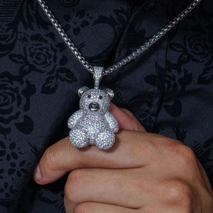 Rhodium Plated 925 Sterling Silver CZ Bear Hip Hop Pendant - SLP00083.