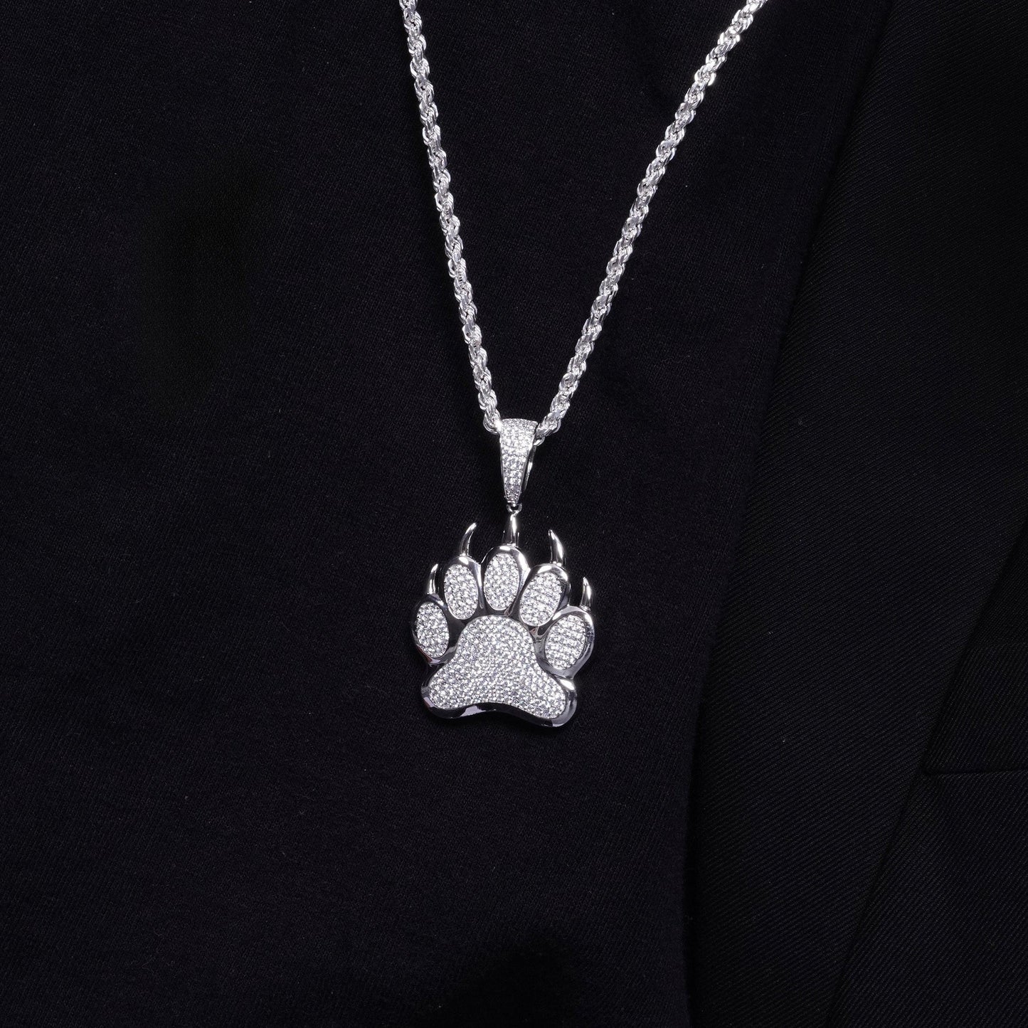 Rhodium Plated 925 Sterling Silver Bear Paw Hip Hop Pendant - SLP00091