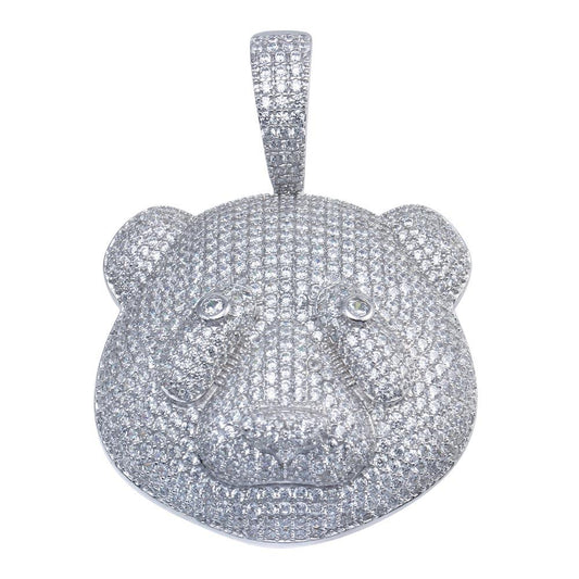 Rhodium Plated 925 Sterling Silver Bear Head Hip Hop Pendant - SLP00093 | Silver Palace Inc.