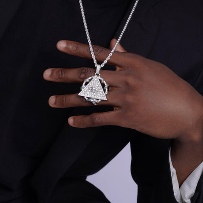 Rhodium Plated 925 Sterling Silver CZ Pyramid Eye Hip Hop Pendant - SLP00094