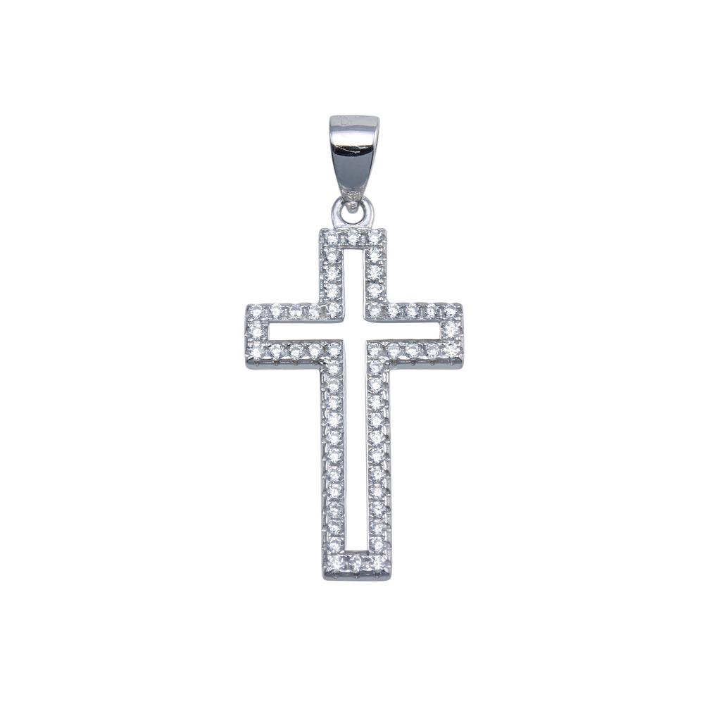 Rhodium Plated 925 Sterling Silver CZ Border Small Cross Hip Hop Pendant - SLP00096 | Silver Palace Inc.