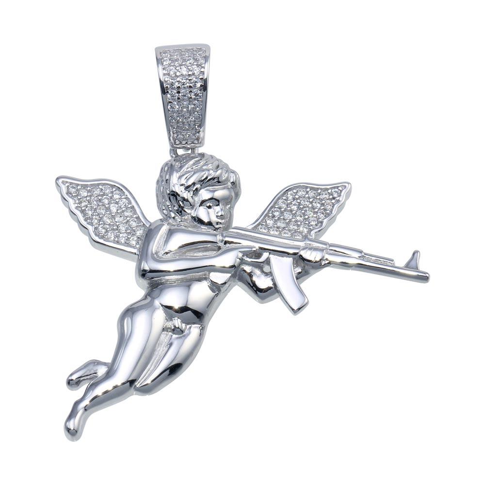 Rhodium Plated 925 Sterling Silver CZ AK Angel Hip Hop Pendant - SLP00097 | Silver Palace Inc.