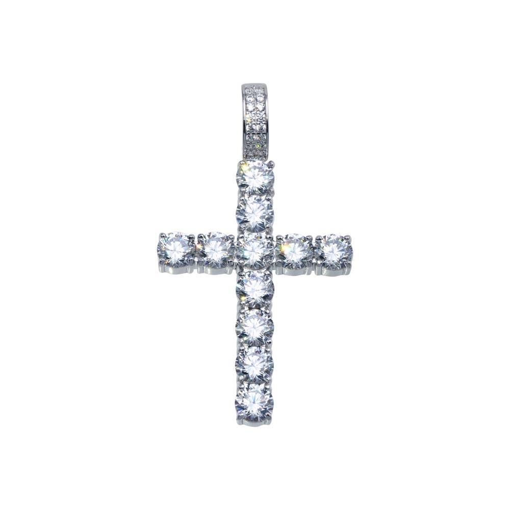 Rhodium Plated 925 Sterling Silver CZ Cross Hip Hop Pendant - SLP00099 | Silver Palace Inc.