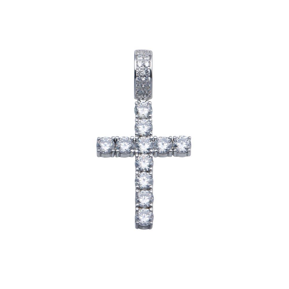 Rhodium Plated 925 Sterling Silver CZ Cross Hip Hop Pendant - SLP00100 | Silver Palace Inc.