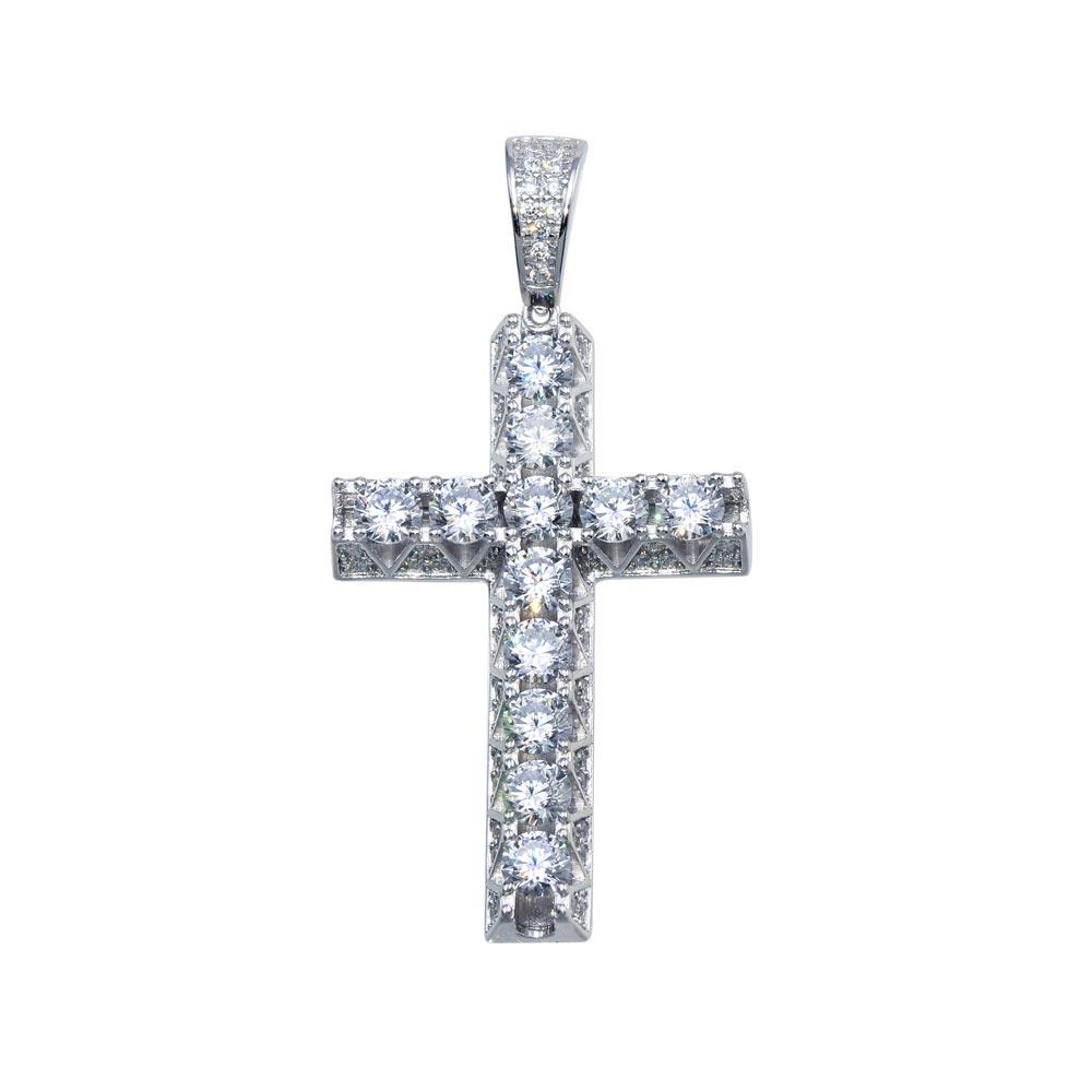 Rhodium Plated 925 Sterling Silver CZ Crown Set Cross Hip Hop Pendant - SLP00101 | Silver Palace Inc.