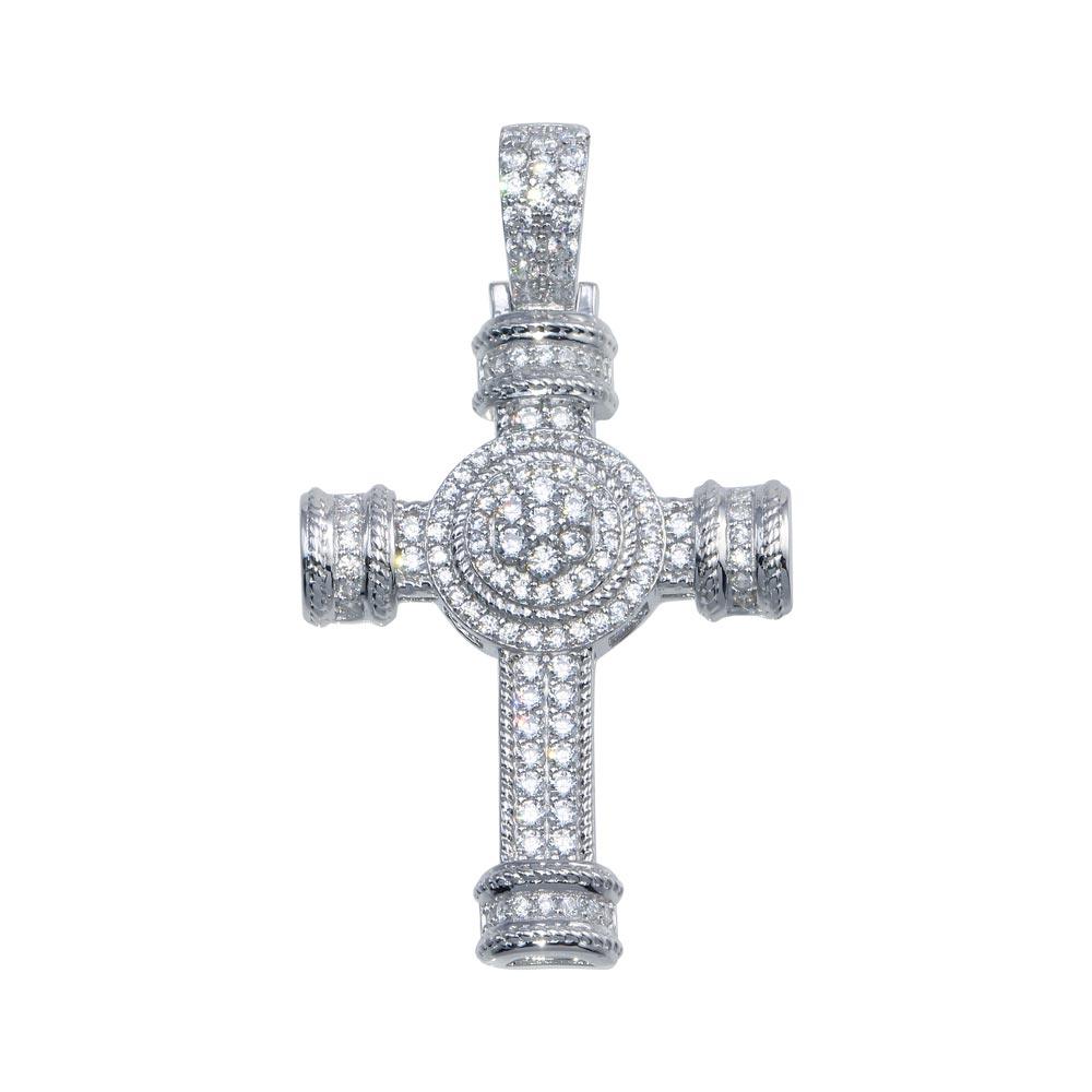 Rhodium Plated 925 Sterling Silver CZ Cross Hip Hop Pendant - SLP00103 | Silver Palace Inc.