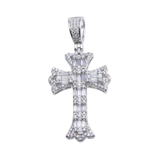 Rhodium Plated 925 Sterling Silver Baguette CZ Cross Hip Hop Pendant - SLP00104 | Silver Palace Inc.