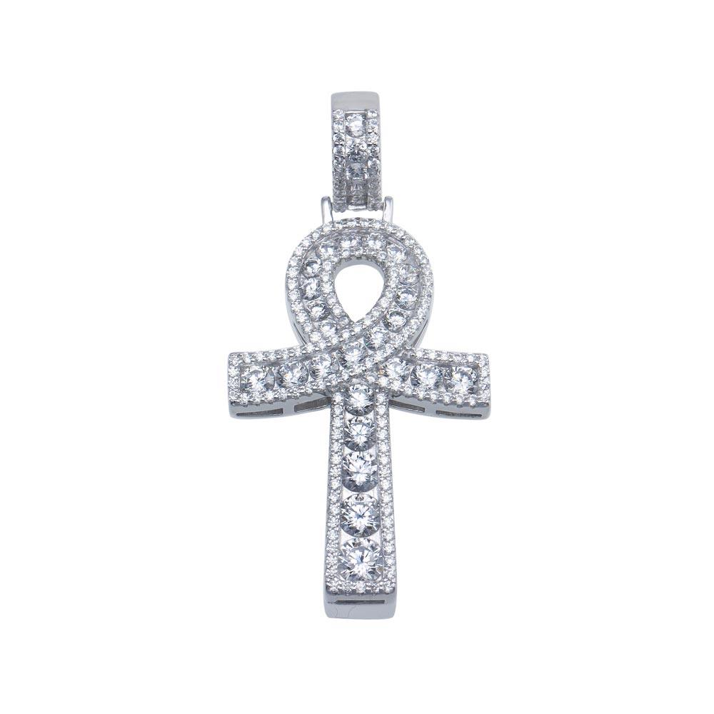 Silver 925 Rhodium Plated CZ Encrusted Egyptian Ankh Cross Hip Hop Pendant - SLP00107 | Silver Palace Inc.